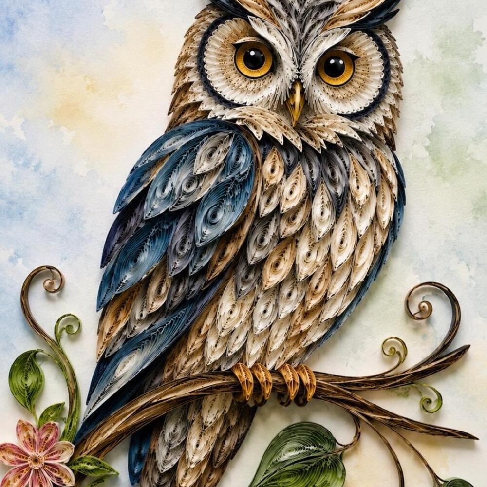 5x5 White Framed Quilled Owl Art Print – Blue & Cream Owl on Branch – Nature Wal